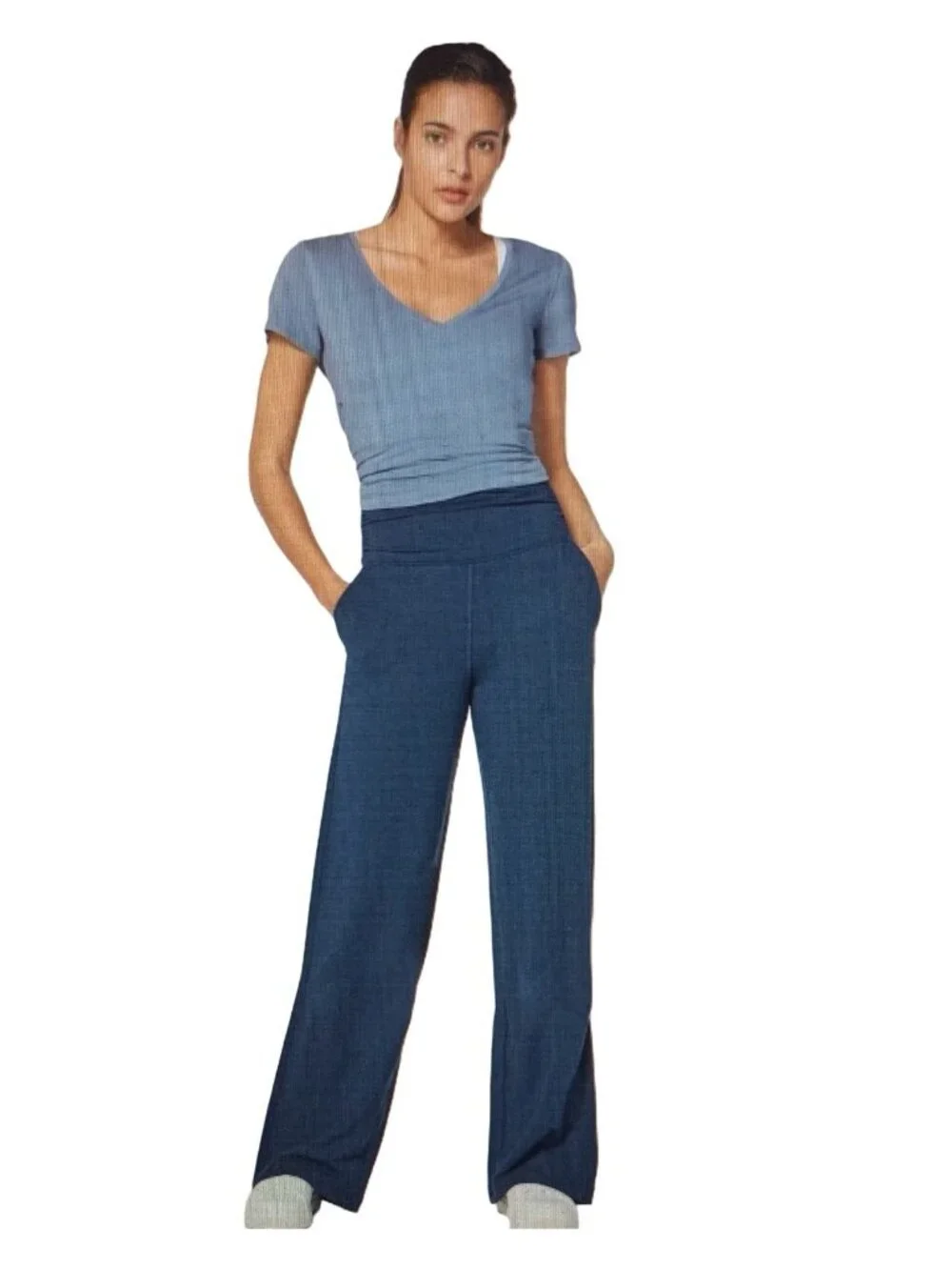 Lululemon Take It Easy Pants Womens Blue High Rise Ruched Waist Band Yoga Sz 4